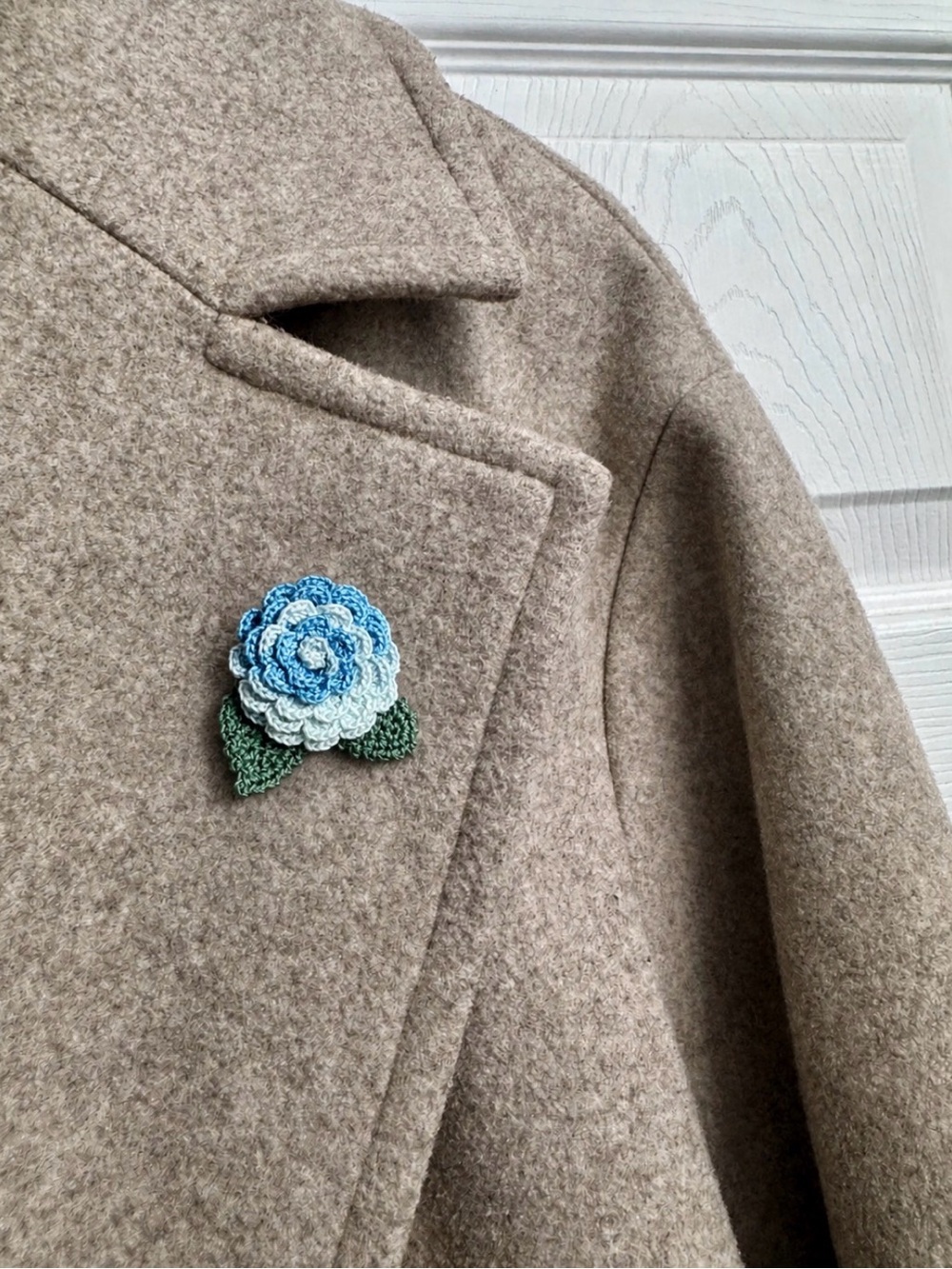 Blue Crochet Flower Brooch with Green Leaves - handmade Women Jewelry